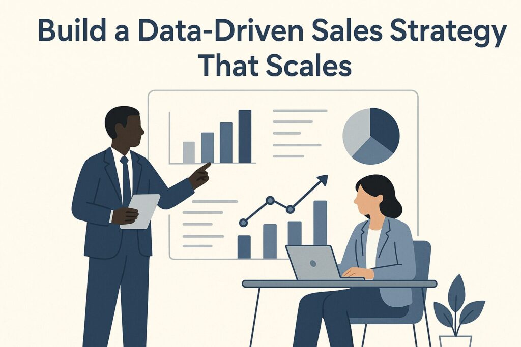 Flat-style illustration of two professionals analyzing sales dashboards to build a data-driven sales strategy