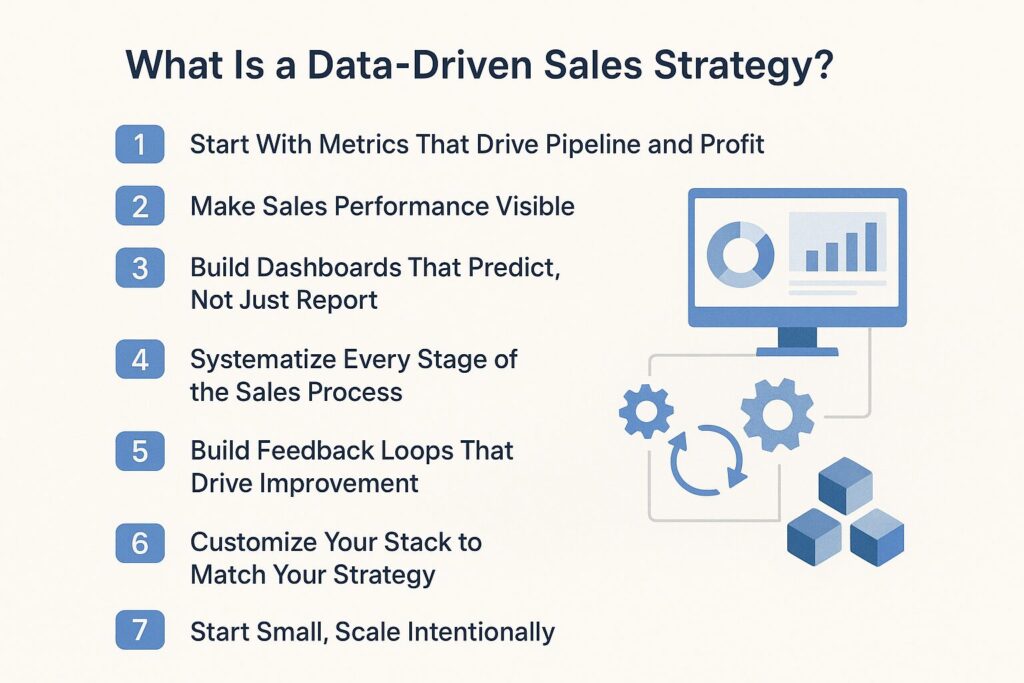 Infographic showing the 7 steps of a data-driven sales strategy, including metrics, dashboards, systems, and feedback loops