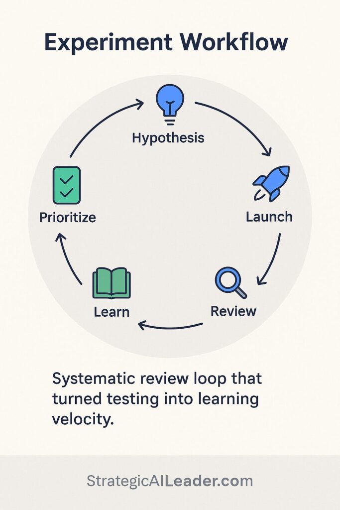 Circular loop infographic showing six steps of the experiment workflow: Hypothesis, Prioritize, Launch, Review, Learn, Scale or Kill