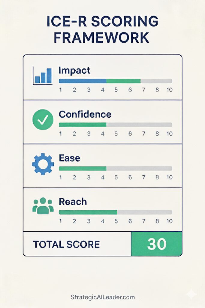 Flat infographic showing ICE-R scoring grid with Impact, Confidence, Ease, Reach, and Total Score example for prioritizing experiments