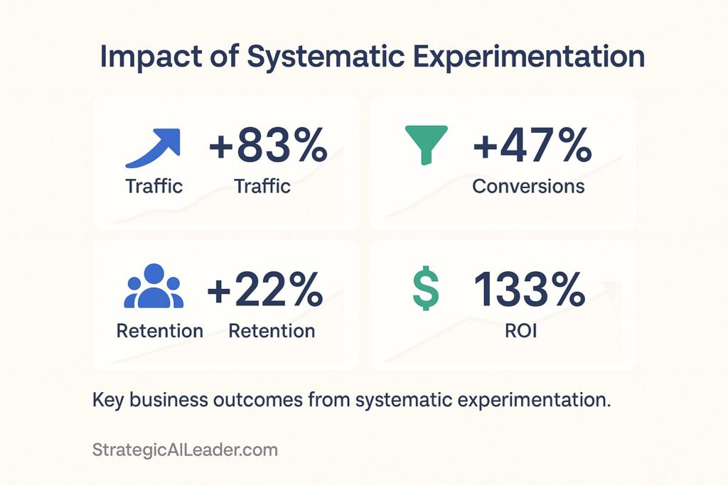 Flat SaaS infographic dashboard showing key results from systematic experimentation with metrics Traffic +83%, Conversions +47%, Retention +22%, ROI 133%