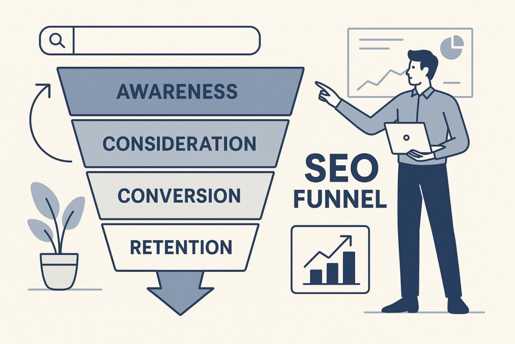 Strategic SEO funnel diagram showing the four essential page types for conversion optimization