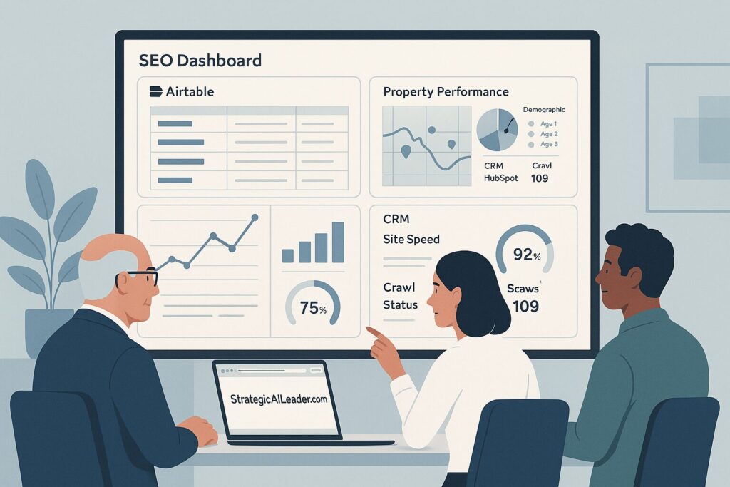 Flat-style illustration of three professionals analyzing an SEO ROI dashboard with layers showing financial outcomes, channel trends, and technical metrics.
