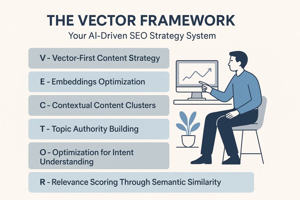 Infographic of the VECTOR Framework for AI-driven SEO strategy, featuring six horizontal labeled blocks and a person interacting with a screen showing a rising chart.