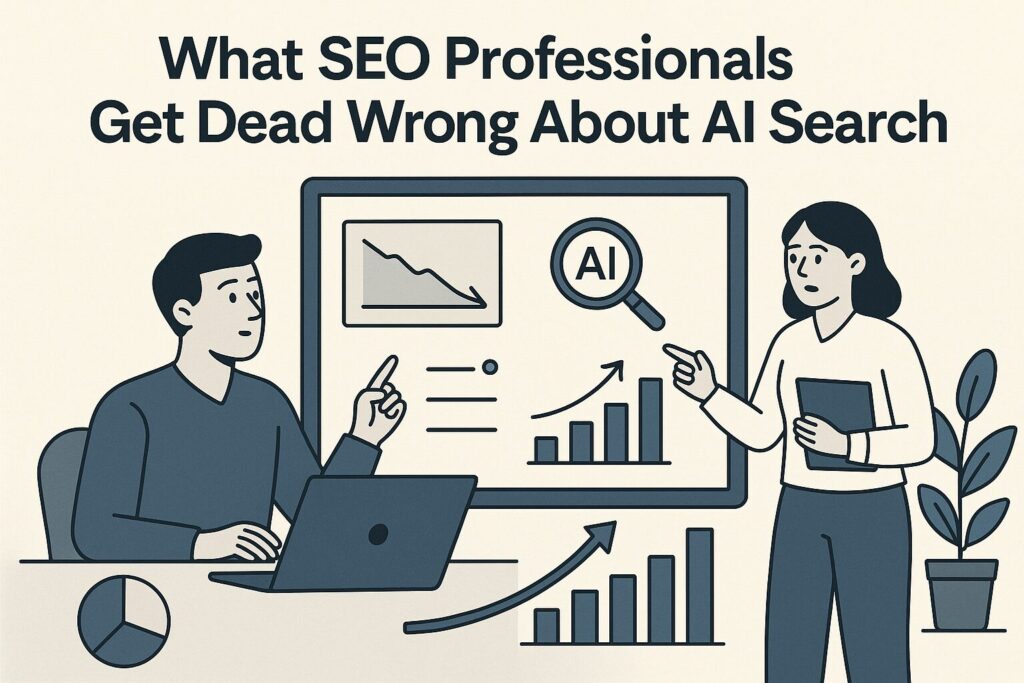 Flat-style illustration of professionals discussing AI-driven SEO strategies with charts, graphs, and a magnifying glass labeled ‘AI’ on a presentation screen