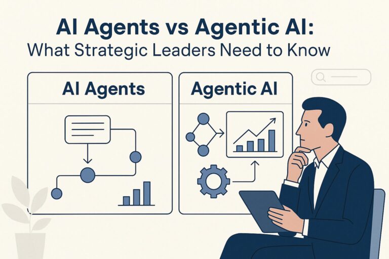 Flat-style illustration comparing AI Agents and Agentic AI, with a strategic leader analyzing decision flows and outcome-driven systems.