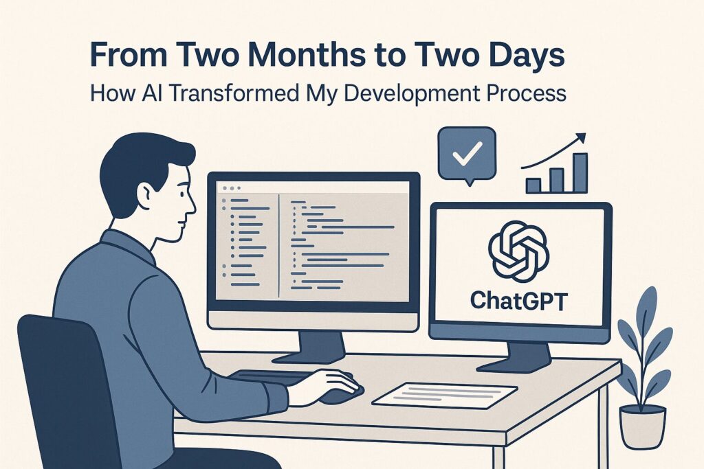 Illustration of a developer using AI tools like ChatGPT and VSCode to rapidly build a functional product prototype, reducing development time from months to days.