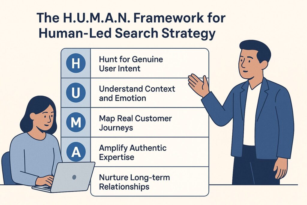 Flat-style infographic illustrating the H.U.M.A.N. Framework for human-led search strategy with business professionals and a step-by-step acronym breakdown.