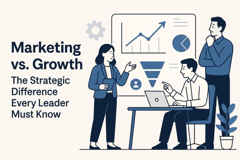 Flat-style business illustration showing professionals collaborating on marketing vs growth strategy with dashboards and metrics.
