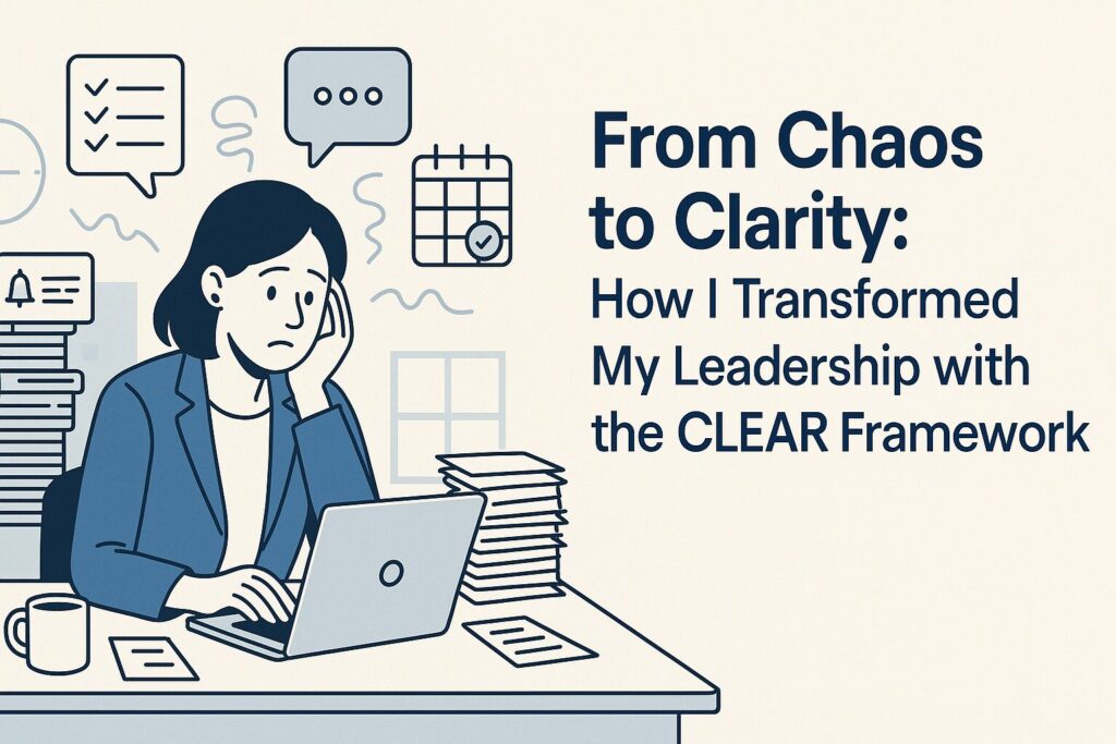Flat-style illustration of a stressed leader transforming chaos into clarity using the CLEAR Framework.