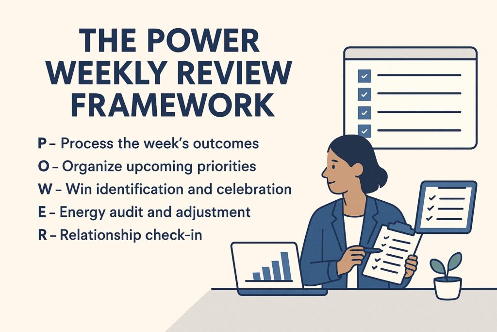 Flat-style illustration of the POWER Weekly Review Framework with manager reviewing tasks, charts, and weekly priorities.