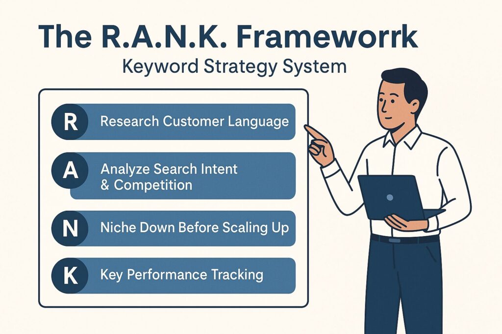 Flat-style infographic of a man pointing to the R.A.N.K. Framework for keyword strategy, showing four steps: Research, Analyze, Niche Down, and Key Performance.