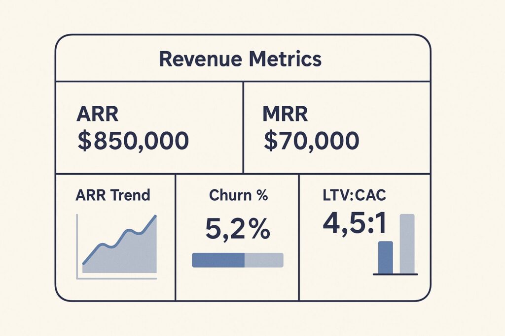 Flat-design revenue metrics dashboard showing ARR, MRR, churn rate, and LTV to CAC ratio