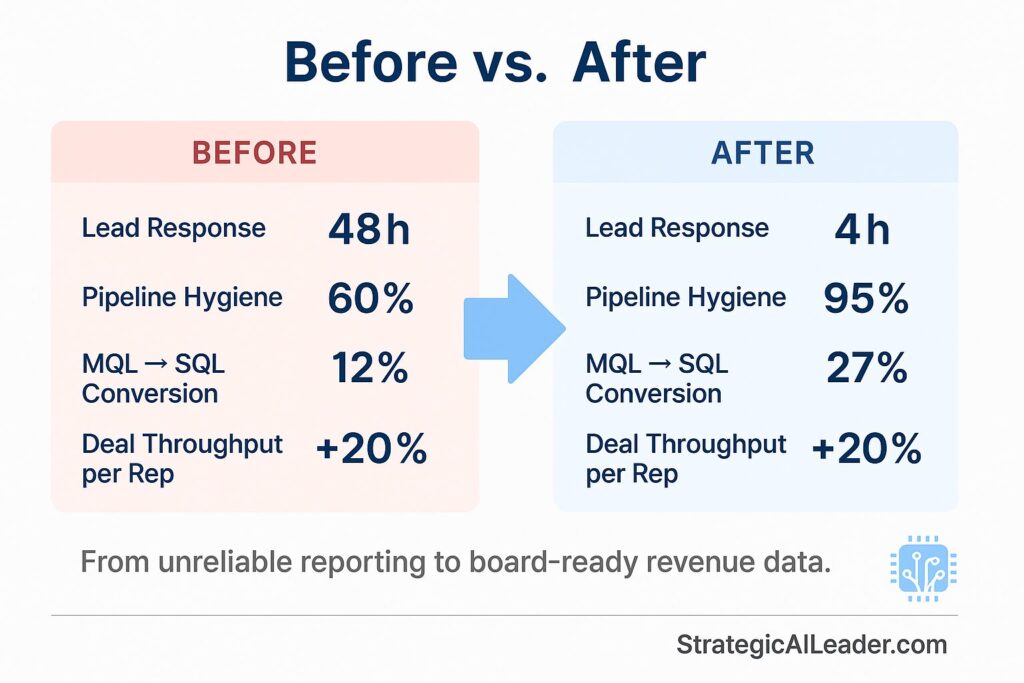Flat-style infographic comparing sales operations metrics before and after system changes, showing improvements in lead response, pipeline hygiene, conversion, and throughput