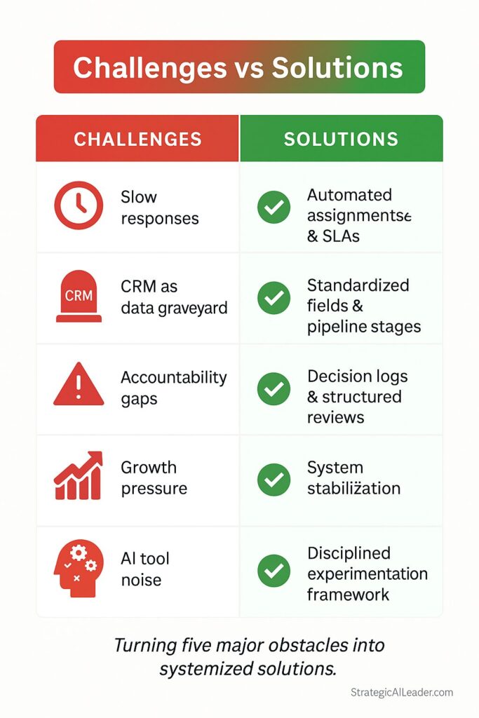 Infographic showing sales ops challenges and their solutions: slow responses, CRM as data graveyard, accountability gaps, growth pressure, and AI tool noise mapped to automated SLAs, standardized fields, decision logs, system stabilization, and disciplined AI experimentation.