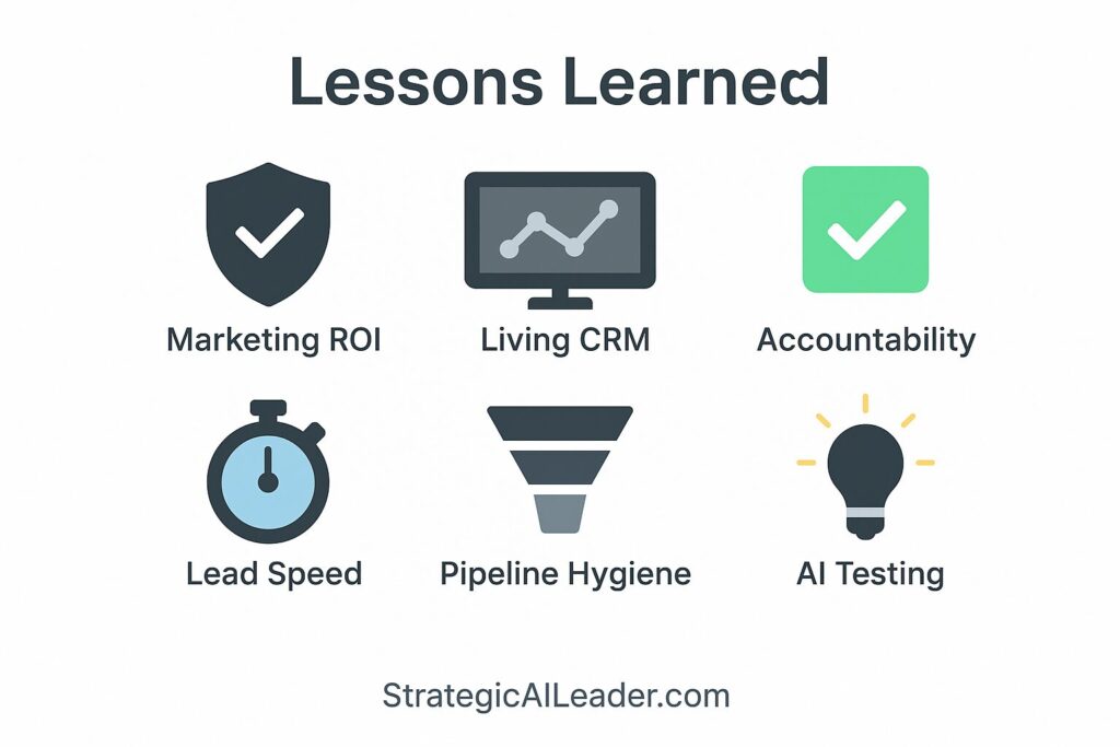 Infographic with six icons representing sales ops lessons: marketing ROI, living CRM, accountability, lead speed, pipeline hygiene, and AI testing.