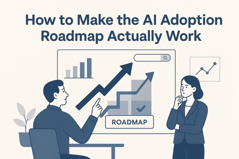 Business professionals reviewing an AI adoption roadmap with upward-trending graphs and data charts in a flat, modern illustration style