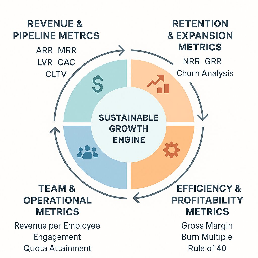Circular diagram of a sustainable B2B growth engine, highlighting revenue metrics, retention, efficiency, and team operational metrics.