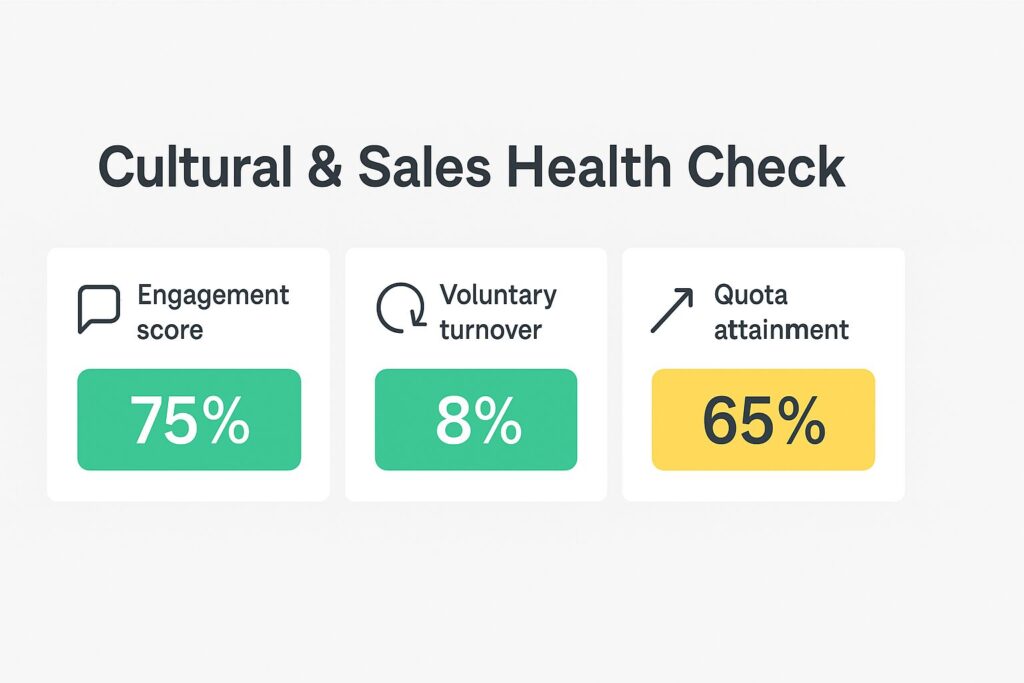 Dashboard snapshot showing B2B people metrics including engagement score, voluntary turnover, and quota attainment
