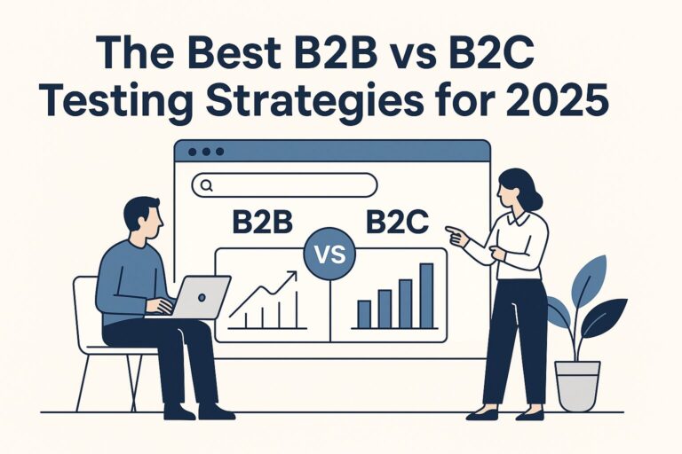 Modern flat-style illustration comparing B2B vs B2C testing strategies for 2025 with professionals analyzing growth charts