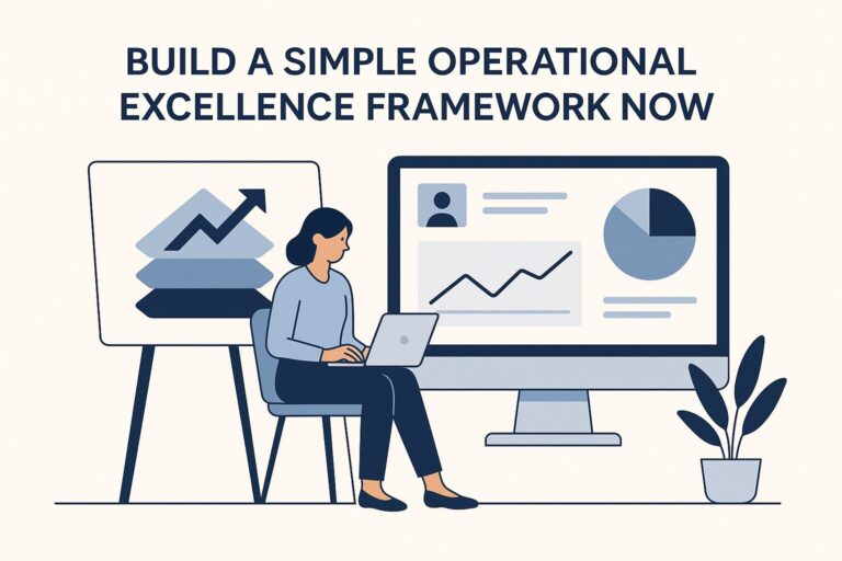 Flat-style illustration of a professional woman building an operational excellence framework using dashboards and layered systems.