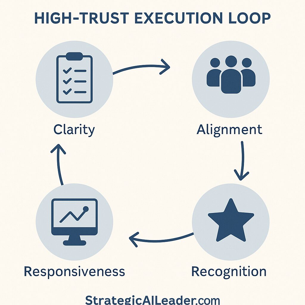 Circular infographic showing the High-Trust Execution Loop with four steps: Clarity, Alignment, Recognition, and Responsiveness connected in a cycle