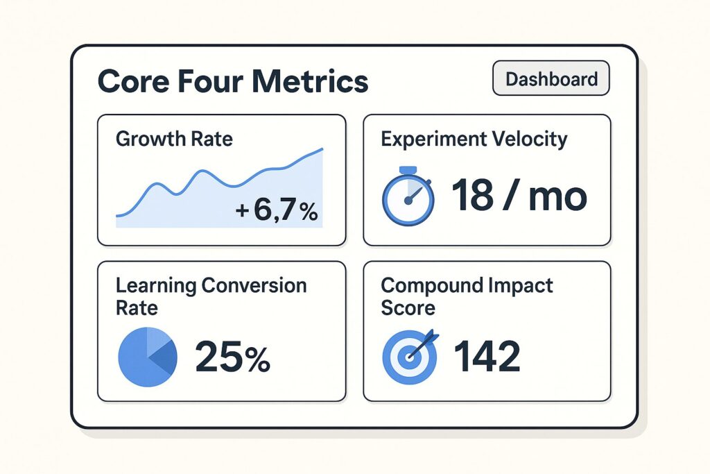 Mock dashboard showing Growth Rate, Experiment Velocity, Learning Conversion Rate, and Compound Impact Score