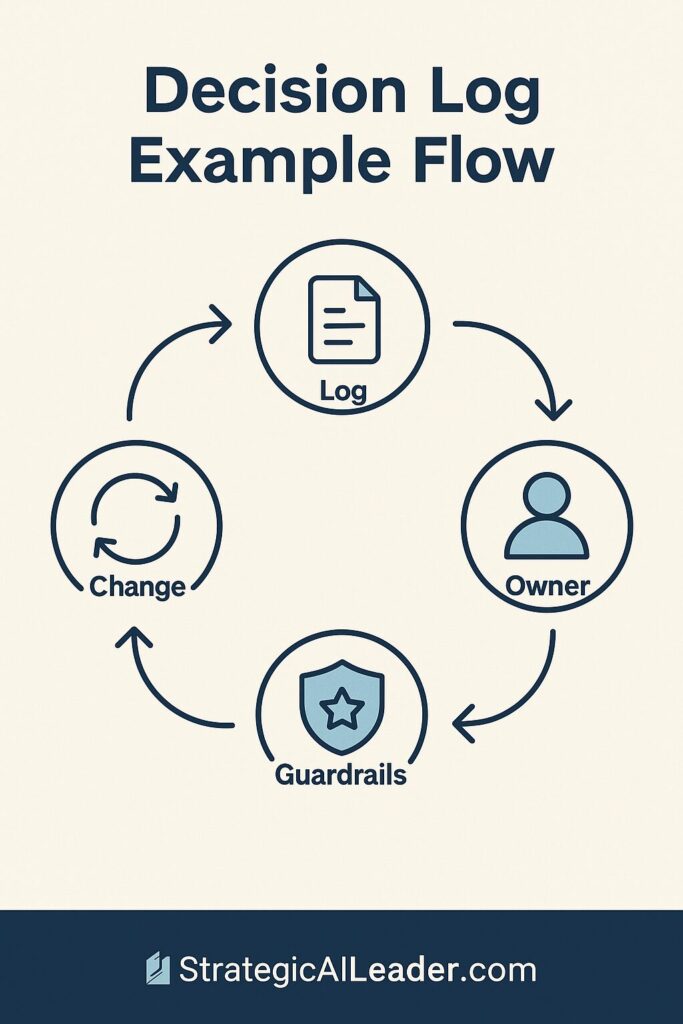 Flowchart infographic showing steps Change, Log, Owner, Review, and Guardrails connected in sequence to illustrate accountability and systemized memory