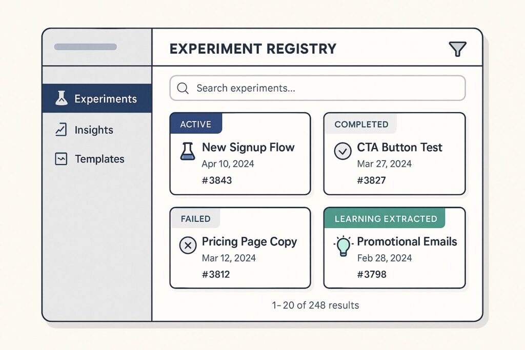 A modern, flat-style illustration of a centralized experiment tracking dashboard. The graphic features labeled experiment cards—Active, Completed, Failed, Learning Extracted—with search and filter icons, showcasing how teams log, track, and learn from growth experiments at scale.