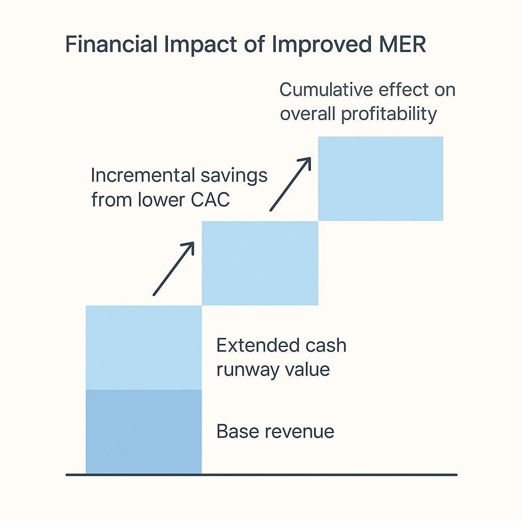 Waterfall chart illustrating financial impact of improved MER, showing base revenue, lower CAC savings, extended cash runway, and overall profitability