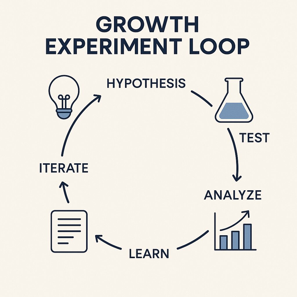 A modern flat-style circular diagram illustrating the five stages of the growth experimentation cycle: Hypothesis, Test, Analyze, Learn, Iterate. Each stage is represented by a simple business icon (lightbulb, flask, chart, notepad, arrow) in a minimalist blue and gray palette. Designed for startup playbooks, B2B content, and growth strategy visuals.