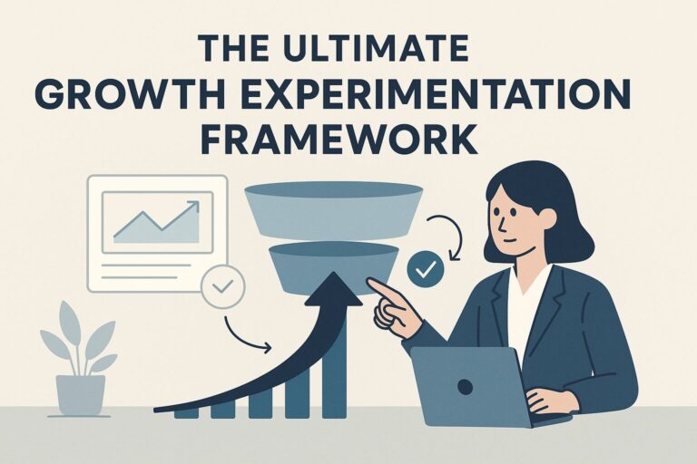 A flat-style, professional illustration showing a businesswoman analyzing a funnel diagram on a data dashboard. The muted color palette, clean vector lines, and minimalist office scene reflect modern B2B design. Created to visualize the core concepts of growth experimentation.