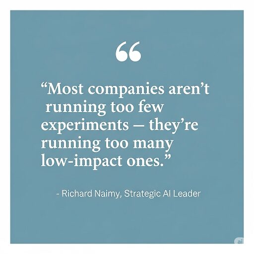 A blue graphic quote card with white text that reads: "Most companies aren’t running too few experiments — they’re running too many low-impact ones." Below the quote is the attribution: "– Richard Naimy, Strategic AI Leader."