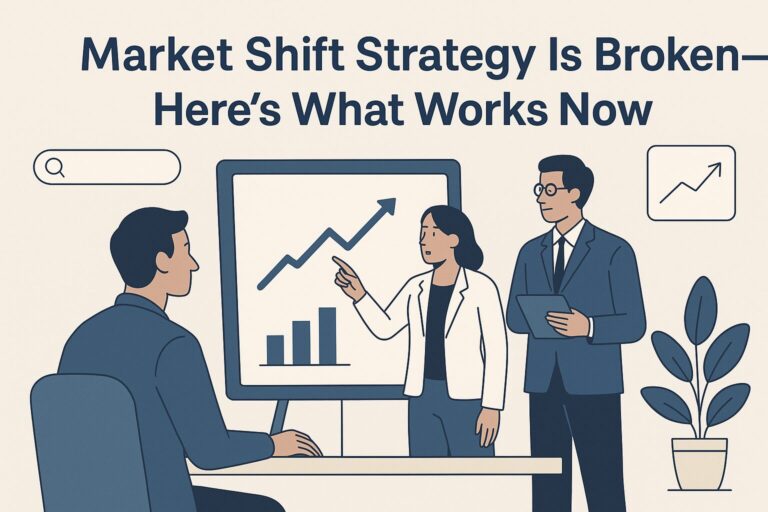 Flat-style business illustration showing a woman pointing to an upward-trending graph on a presentation board, surrounded by professionals discussing market strategy.