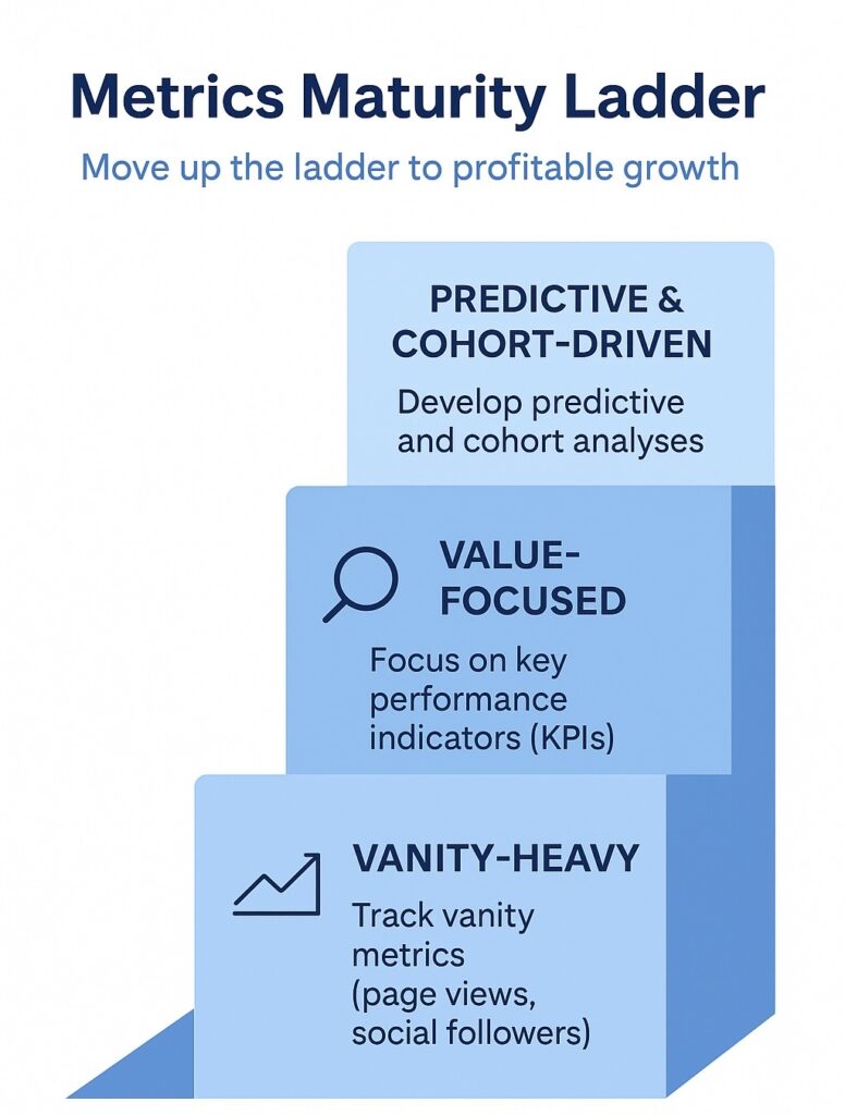 Metrics Maturity Ladder diagram with three stages: Vanity-heavy, Value-focused, Predictive and Cohort-driven