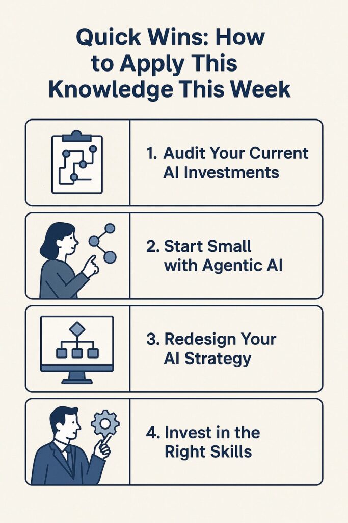 Infographic showing four quick-win steps to apply agentic AI this week, including auditing AI tools, starting small, redesigning strategy, and training teams.