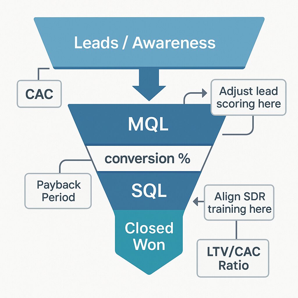 B2B revenue funnel showing stages from leads to closed won, including MQL, SQL, CAC, payback period, and LTV/CAC ratio with optimization callouts.