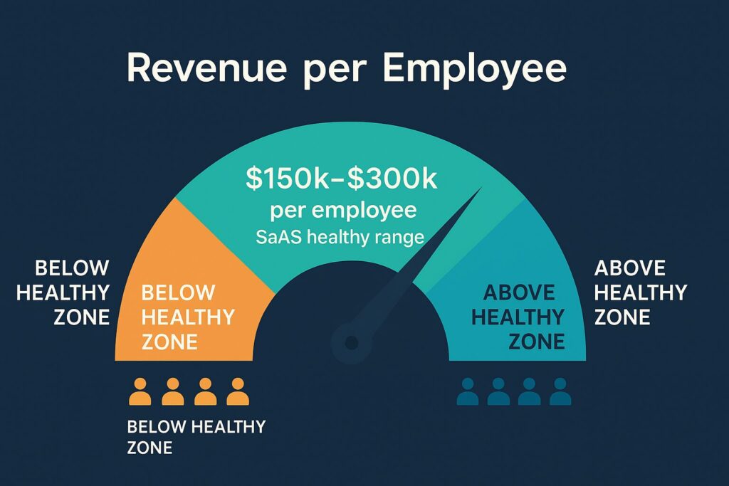 Gauge graphic illustrating SaaS revenue per employee benchmarks and healthy ranges