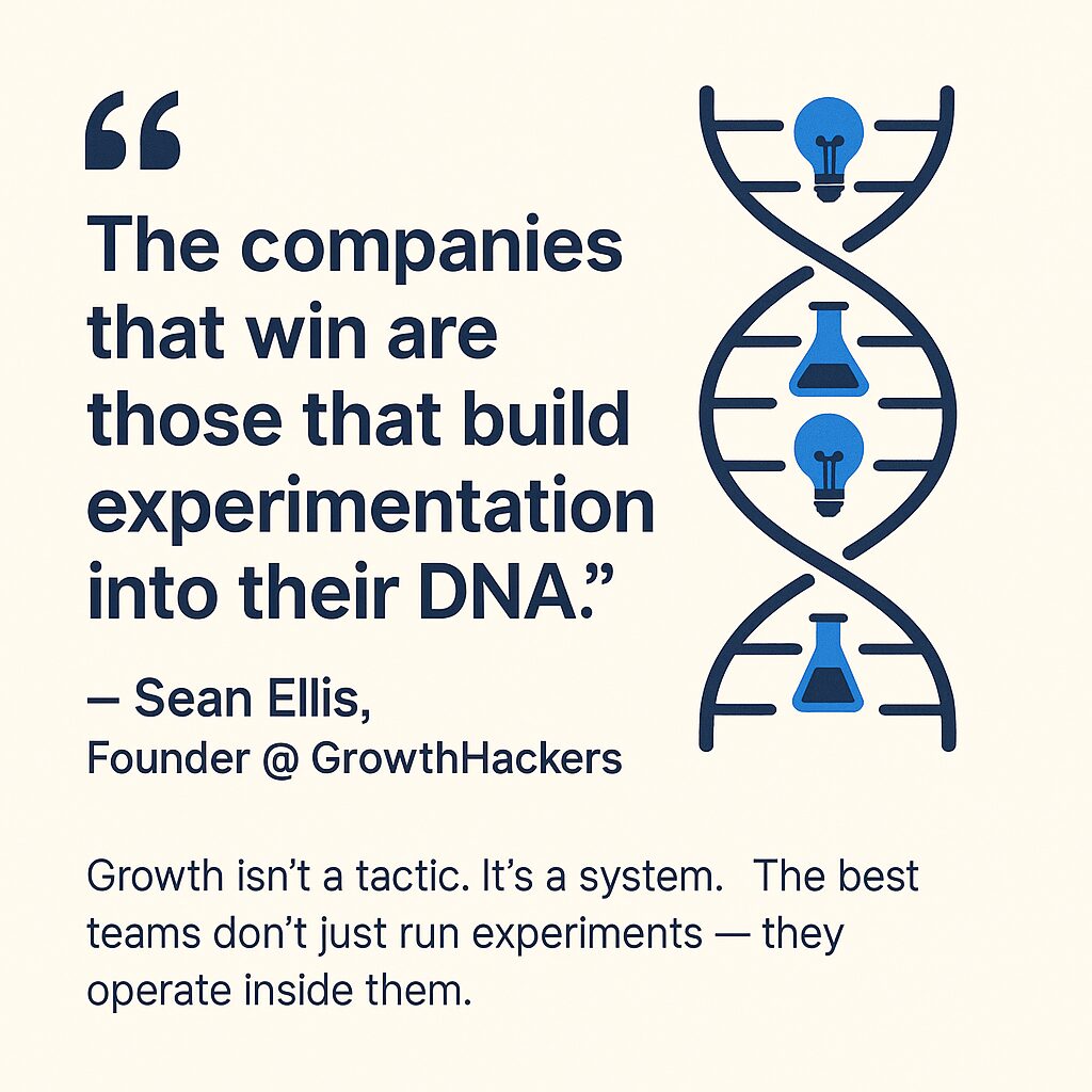 A flat-style, professional illustration featuring a quote from Sean Ellis: “The companies that win are those that build experimentation into their DNA.” The visual shows a DNA strand made from lightbulbs and funnel icons, symbolizing growth experimentation as a core organizational trait. Designed with muted tones and clean vector lines for modern B2B storytelling.