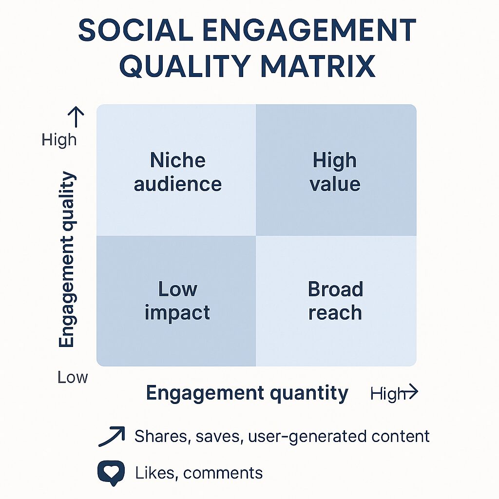 2x2 matrix illustrating social engagement quality versus quantity with quadrants labeled niche audience, high value, low impact, and broad reach