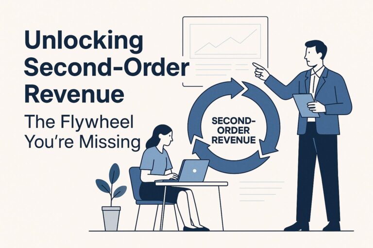 Unlocking Second-Order Revenue flywheel illustration with business professionals