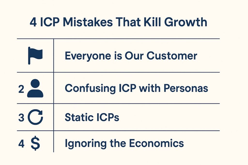 Flat-style infographic listing four ICP mistakes with corresponding icons and concise descriptions.
