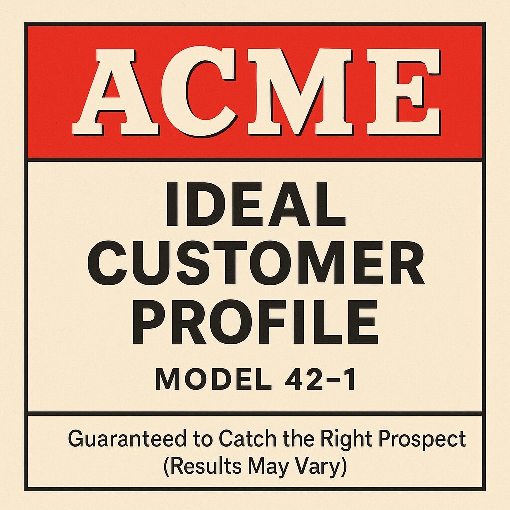 ACME-style label graphic with bold red banner, white ACME text, and “Ideal Customer Profile” in vintage product label style.
