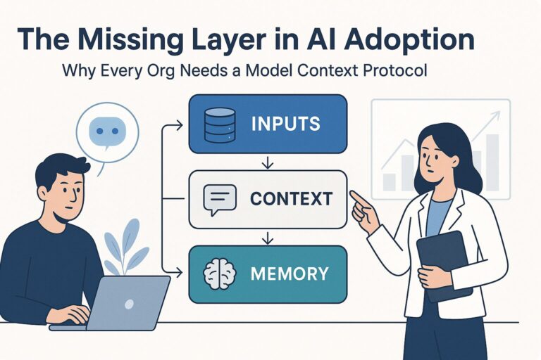 Flat-style illustration of two professionals engaging with a three-layer Model Context Protocol diagram showing Inputs, Context, and Memory in AI systems