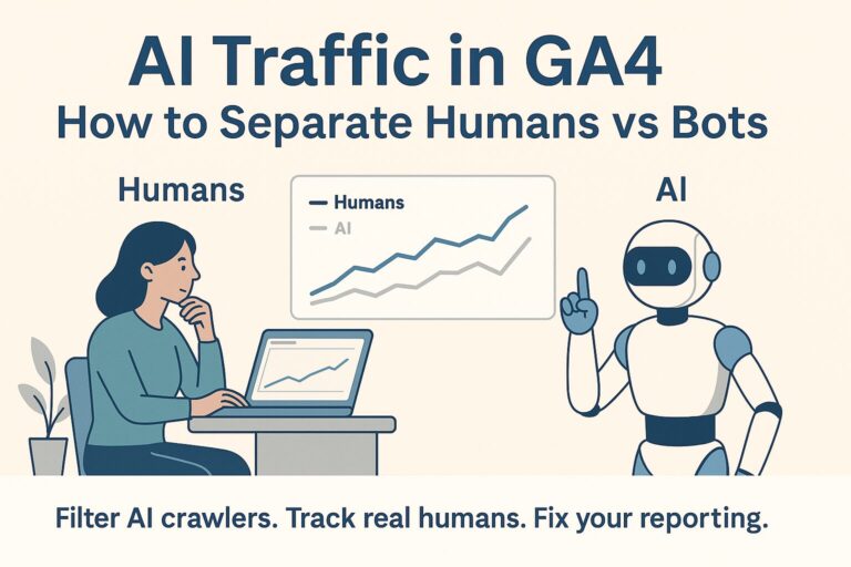 Flat-style illustration showing AI bots versus human traffic in Google Analytics GA4 dashboards