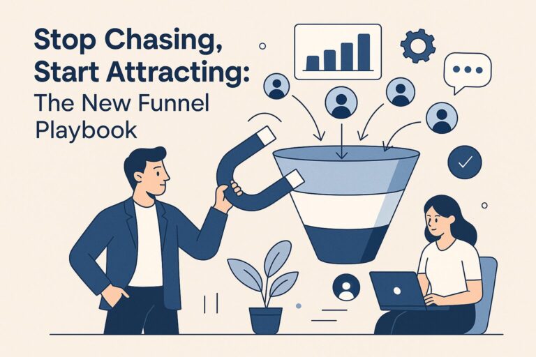 Flat-style illustration of a man using a magnet to attract leads into a sales funnel, while a woman works on a laptop, symbolizing modern inbound marketing strategy.