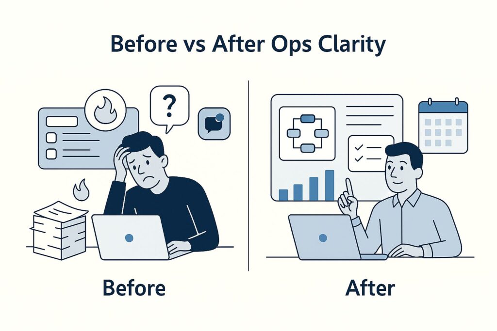 Side-by-side flat-style illustration comparing operational chaos—firefighting, Slack pings, and overwhelm—with operational clarity—organized dashboards, clear systems, and confident focus.