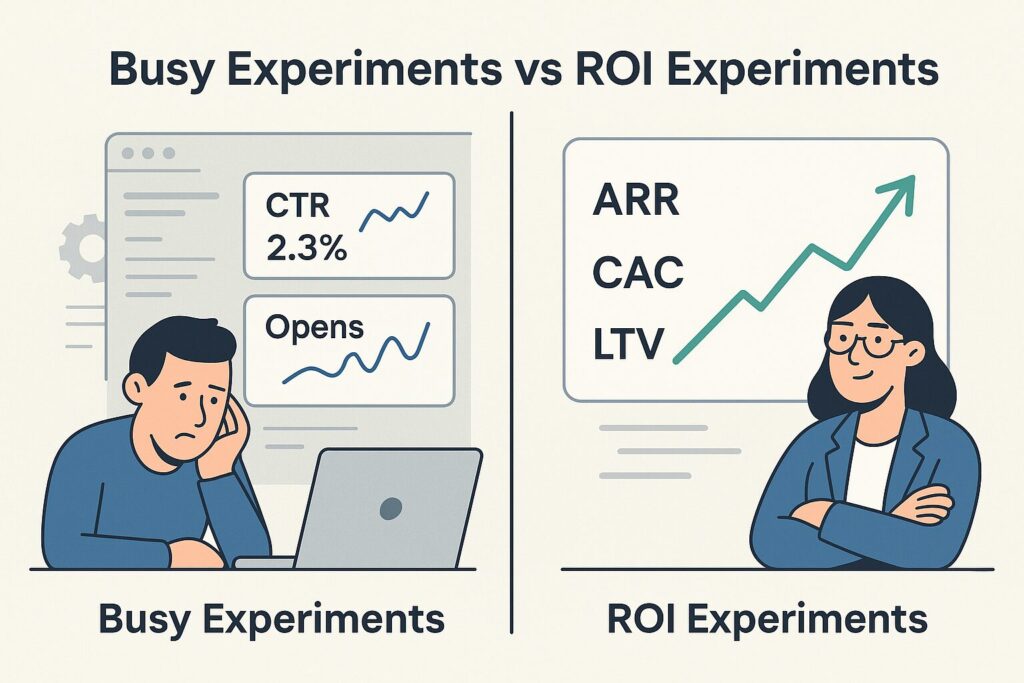 Flat-style split-screen illustration contrasting busy experiments with vanity metrics like CTR and opens against ROI experiments showing ARR, CAC, LTV revenue growth