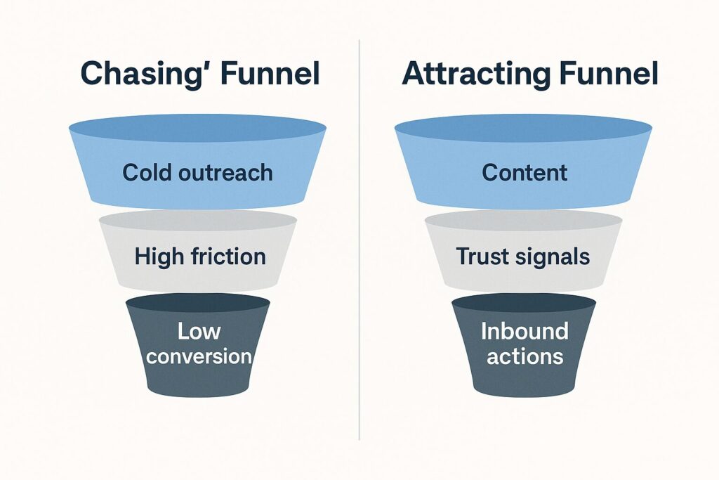Flat design diagram comparing two funnels: a “Chasing” funnel with cold outreach, high friction, and low conversion, and an “Attracting” funnel with content, trust signals, and inbound actions.