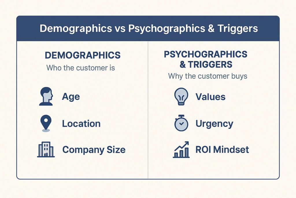 Flat-style two-column chart showing demographics with icons for Age, Location, and Company Size versus psychographics with icons for Values, Urgency, and ROI Mindset.